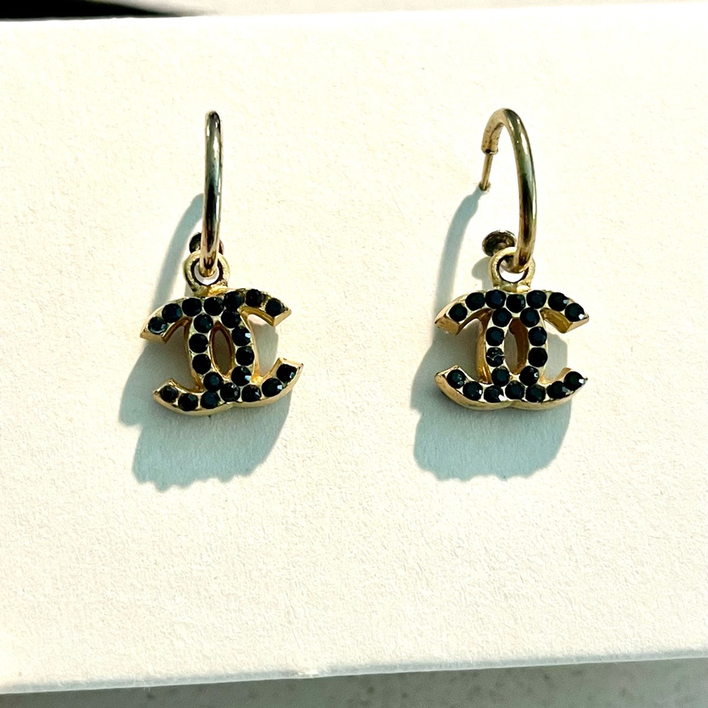 CHANEL Gold and Black Logo Earrings